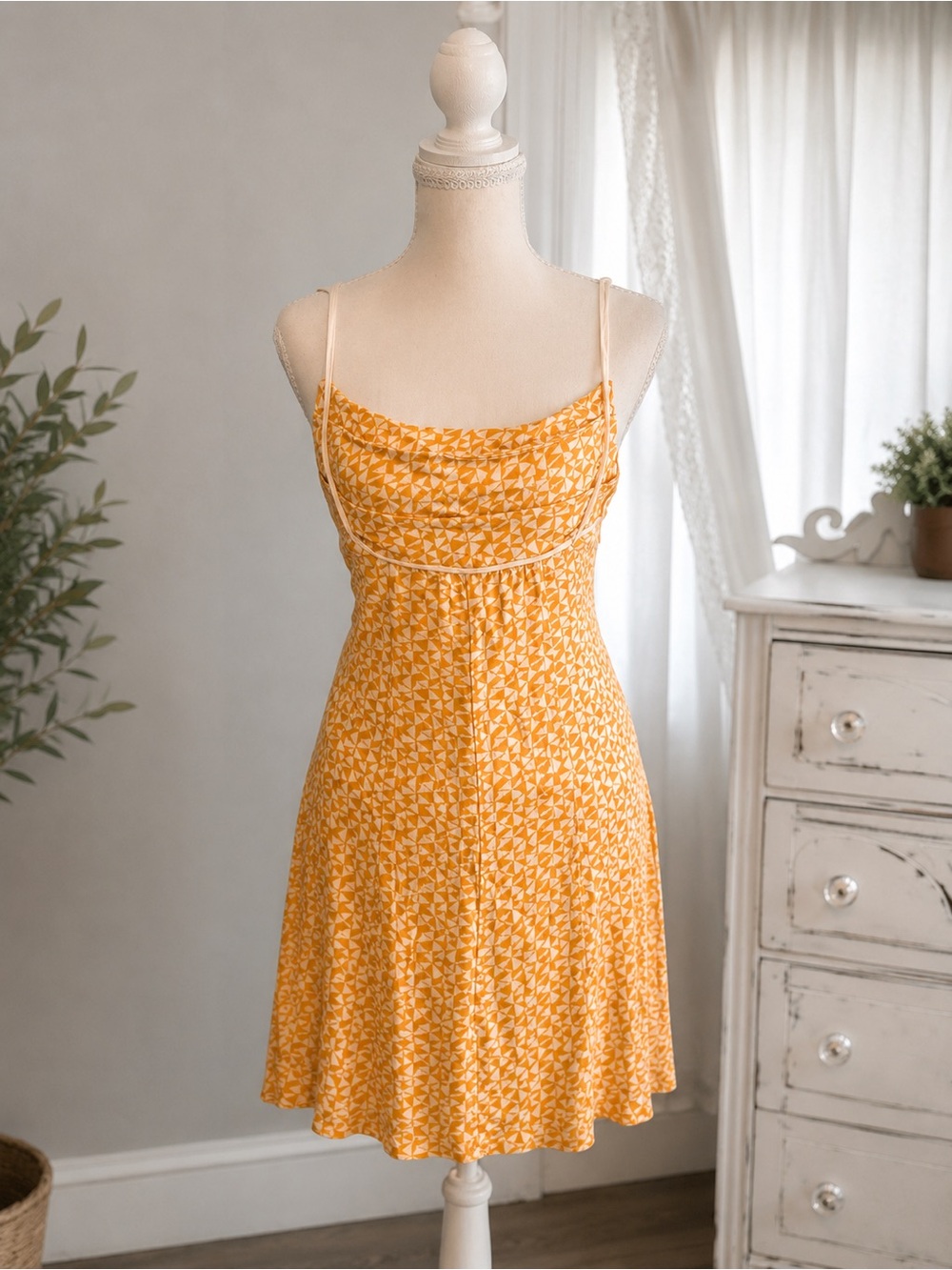 Free People Orange Geometric Print Cowl Neck Mini Dress Spaghetti Strap XS